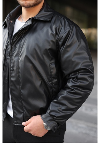 Unisex Oversize Deri Dolgulu Ceket/mont Siyah Deri Kapitone