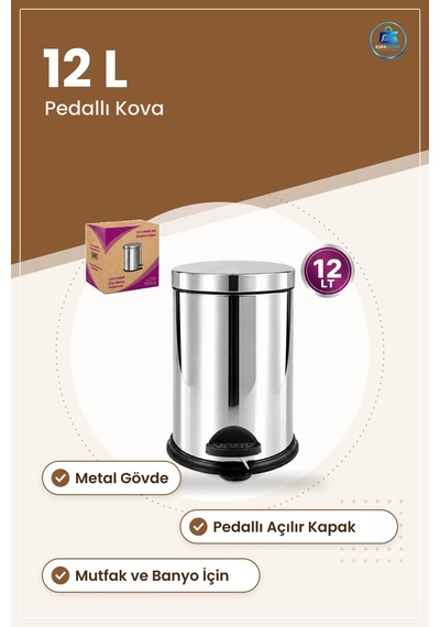 Çöp Kovası 12 L Metal Pedallı Açılır Kapanır Kapaklı Paslanmaz Mu