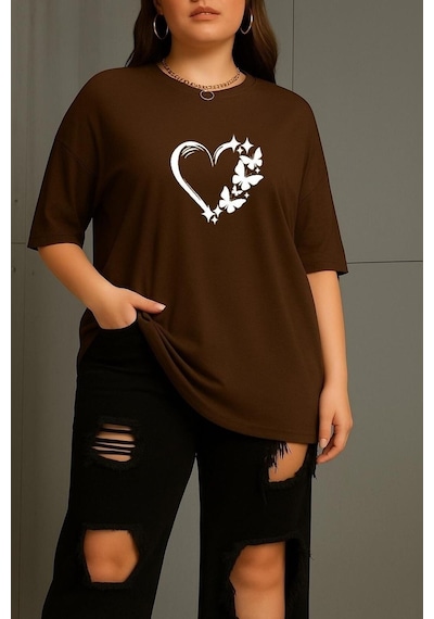 Büyük Beden Kalpli Kelebek Baskılı Unisex Tişört Kahverengi