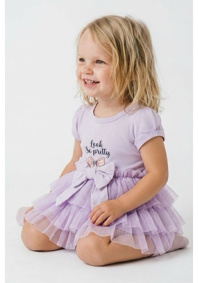 Breeze Kız Bebek Kısa Kollu Çıtçıtlı Zıbın Elbise Tütü Etekli Fiyonk Detaylı 6 Ay - 2 Yaş , Lila