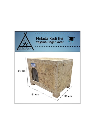Melada Kedi Evi Dış Ortam Uygun Ahşap Kedi Evi Osb Minderli 61x41x36 Cm