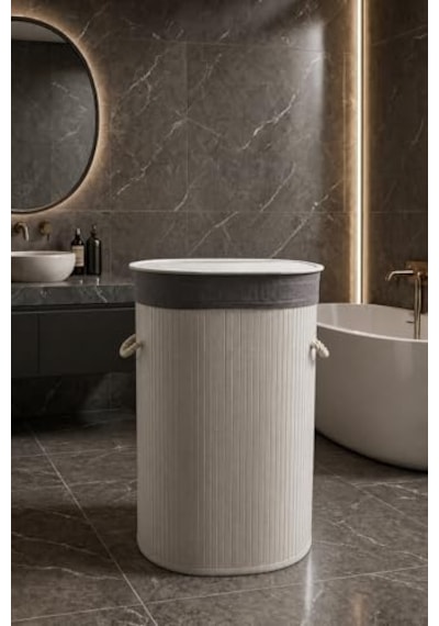 Lüks Bambu Kapaklı Kirli Çamaşır Ve Oyuncak Sepeti Beyaz Renk 40x30x60 Cm 72 Litre Beyaz, 60x40x30, Oval Diğer