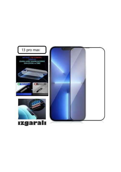 Apple Uyumlu   iPhone 13 Pro Max Ekran Koruyucu Toz Filitreli Izgaralı Anti Dust Tam Kaplayan Kırılmaz Cam