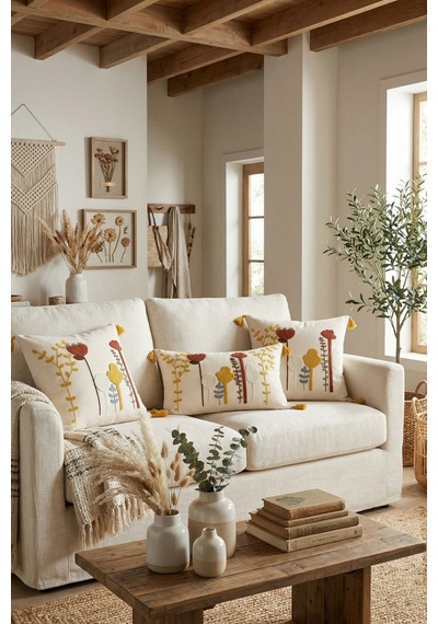 Bohem Kır Bahçesi Punch Nakışlı 3'lü Kırlent Kılıfı Seti 2 Adet 42x42 Cm + 1 Adet 35x55 Cm Bej