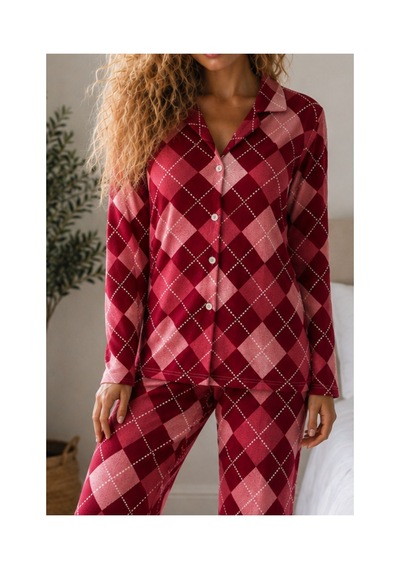 Fit Women Kadın Örme Gömlek Yaka Kırmızı Pijama Takımı