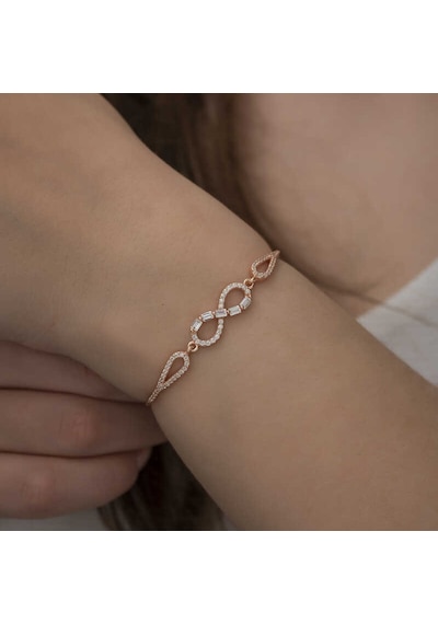 925 Ayar Gümüş Rose Baget Taşlı Sonsuzluk Bileklik Altın