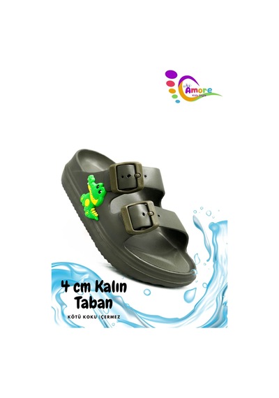 Sermoda Çift Toka Hafif Eva Yazlık Plaj Çocuk Terliği Havuz Terliği Lavabo Terliği T Haki