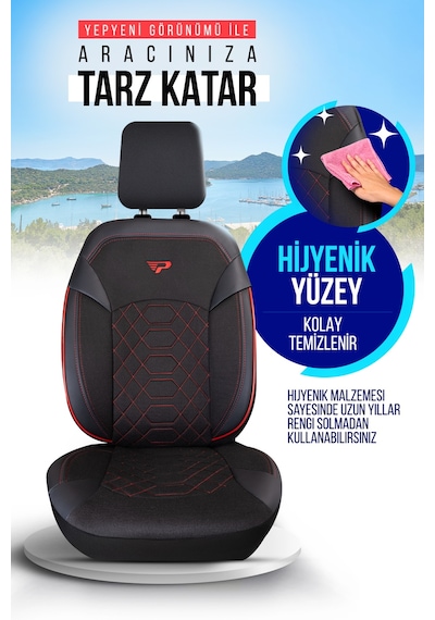 Siyah - Kırmızı Panda Bremen Serısı Keten Kumaş Oto Koltuk Kılıfı - Tam Set