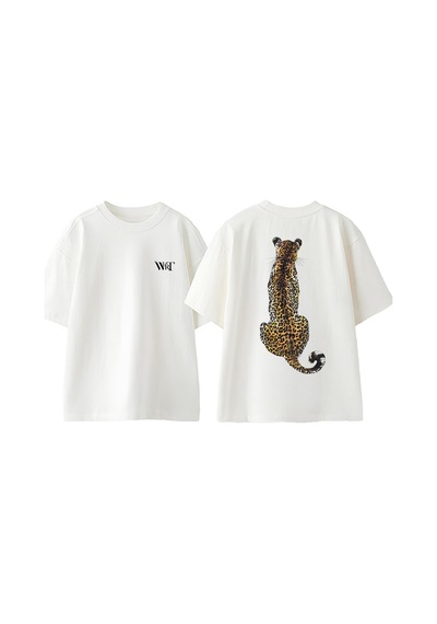 Thewert Leopar 7 Tasarım Sırt Baskılı Pamuk Beyaz Oversize T-shirt