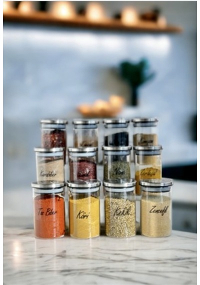12 Li Etiketli 250ml Metal Vakumlu Kapaklı Borosilikat Cam Baharatlık Saklama Kabı Set 591078629 Diğer