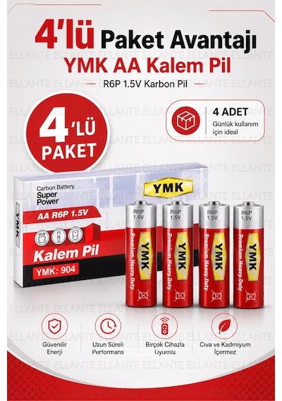 Ymk Aa R6p 1.5v Karbon Kalem Pil 4'lü Paket Kumanda, Saat, Oyuncak Ve El Feneri İçin Ekonomik Pil
