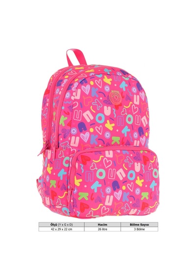Kaukko Kız Çocuk Kalp Ve Kaukko Baskılı Pembe Okul Çantası - Üç Bölmeli - K1783 Pembe
