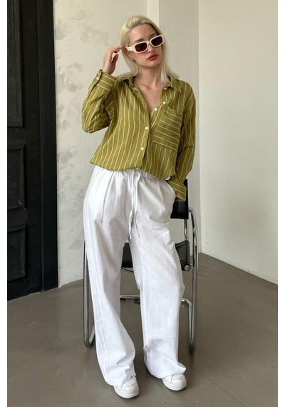 Madmext Haki Çizgili Cepli Kadın Gömlek Mg2345 Haki