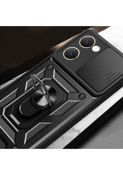 Vivo Y18 Kılıf Sürgülü Kamera Koruyucu Manyetik Standlı Tank Koruma Celikaksesuar Siyah