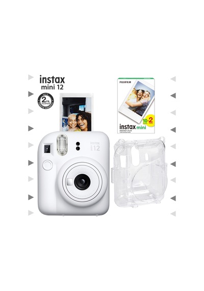 Fujifilm Instax Mini 12 Fotoğraf Makinesi + 20'li Film + Şeffaf Kılıf Seti Beyaz