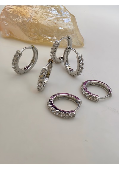 6'lı Zirkon Taşlı Gümüş Silver Renk Küpe Seti 1cm Gümüş