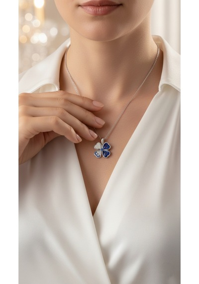 Çekirdekjewelry 925 Ayar Gümüş Safir Taşlı Ters Yonca Kolye Sarı