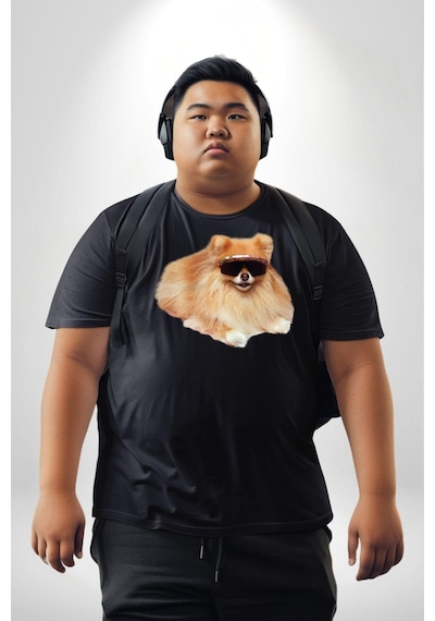 Angemiel Pomernian Köpek Siyah Büyük Beden Erkek Kadın Unisex Basic Ön Baskılı Tişört Siyah