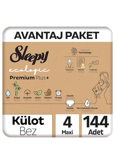 Sleepy Ecologic Premium Plus Avantajlı Paket Külot Bez 4 Numara Maxi 144 Adet