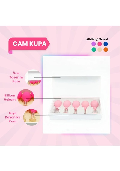 Silikon Vakumlu Cam Yüz Masaj Kupası 5'li Set Pembe Çok Renkli