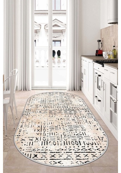 West Home Dijital Baskı Yıkanabilir Kaymaz Taban Mutfak Halısı Salon Halısı Ve Yolluk Wh 548 Beige Oval