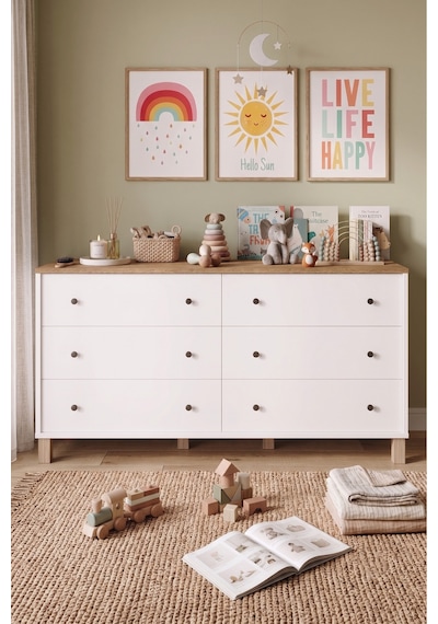 Yurudesign Noren Geniş Şifonyer 6 Çekmeceli Ahşap Ayaklı Bebek Ve Çocuk Odası Sepet-beyaz Nr2-sw