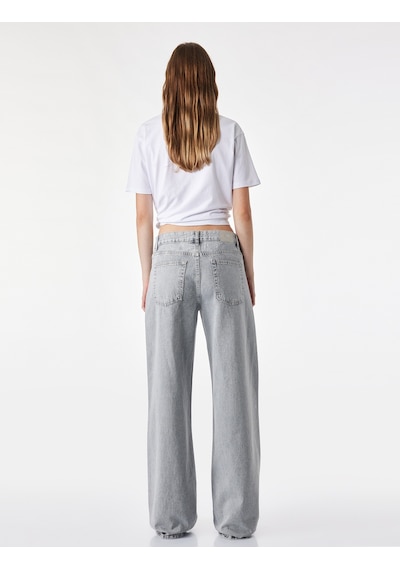 Koton Taş Detaylı Yıkamalı Normal Bel Pamuklu Geniş Paça Denim Pantolon - Wide Leg Jeans Gri 7wal40129md
