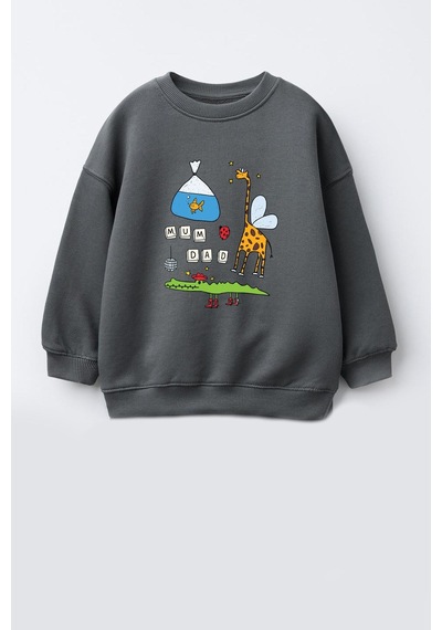 Monila Erkek Çocuk 3 İplik Kumaş Zürafa Baskılı Pamuklu Sweatshirt Antrasit