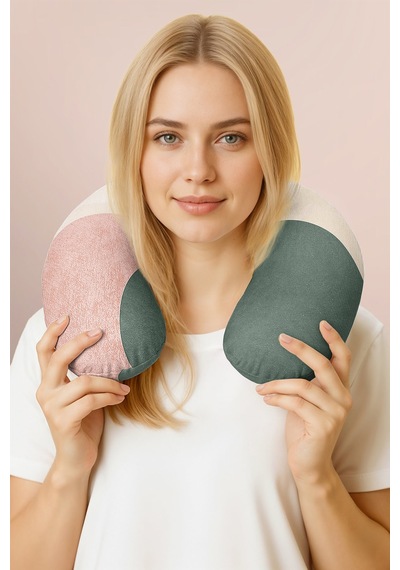 Soyut Pastel Renkli Pamuklu Boyun Yastığı - Modern Minimalist Yeşil Pembe Seyahat Yastığı Tozlu Fırtına Koyu Yeşil