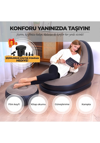 Şişme Koltuk Ve Ayak Uzatma Pufu Ev, Kamp, Ofis Kullanımı İçin, Pompa Hediyeli, Taşınabilir Bej - Siyah
