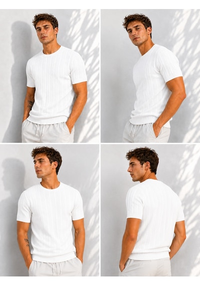 Ribana Erkek Bisiklet Yaka Kısa Kollu Esnek Örme Triko T-shirt 26091 Beyaz