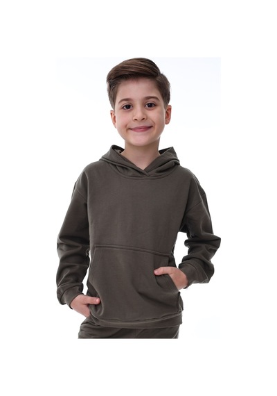 Zuzunga Basic Kapüşonlu Şardonlu Kanguru Cep Detaylı Çocuk Sweatshirt 3-10 Yaş Haki