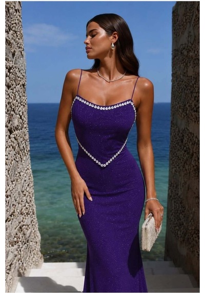 Lior Design Kadın Trend Kalp Yaka Taş Detaylı Maxi Abiye Elbise Mor