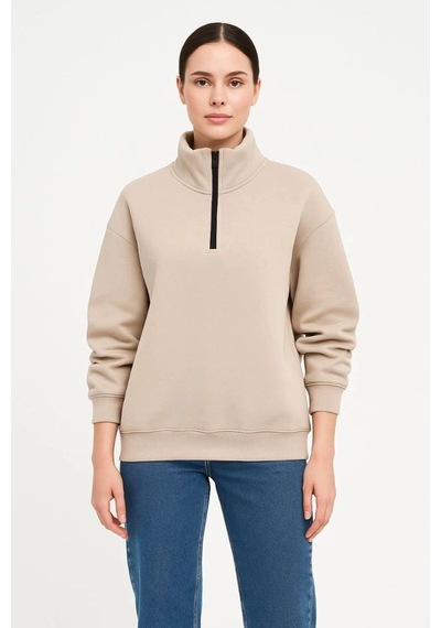 Freedom Storee Kadın 3 İplik Dık Yaka Yarım Fermuarlı Sweatshirt - Bej Çok Renkli