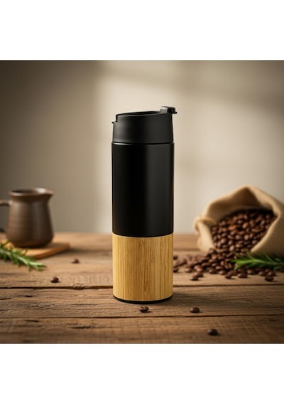 450 Ml Bambu Kaplamalı Çelik Termos - Sıcak Ve Soğuk Tutucu Sızdırmaz Mat Siyah Kahve Termosu Çok Renkli