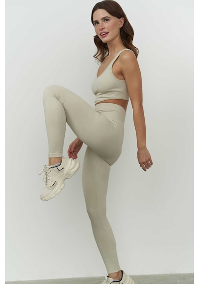 Mai Collection Mai Studios Co. Jade Bej Dikişsiz Fitilli Tayt Bej