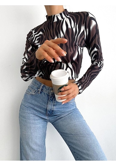 Modazeyosh Balıkçı Yaka Baskılı Crop Bluz Kahverengi