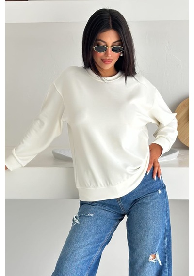 Femelle Beyaz Modal Kumaş Basic Sweatshirt