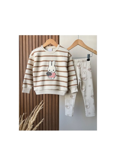 Lucco Tavşanlı Sweatshirt Tayt Kız Çoçuk %100 Cotton Takım Bej