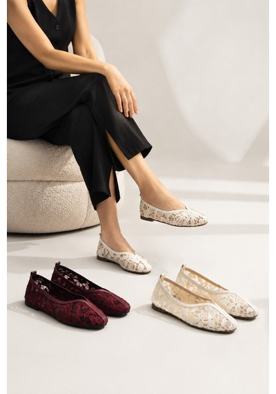Dabab Shoes Florıa Dantel Kadın Düz Babet Dantel Dokuma Çiçek Desenli Zarif Günlük Ayakkabı Krem - Beyaz - Bordo Beyaz Kombin