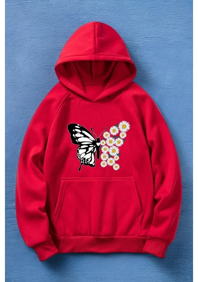 Papatya Kelebek Baskılı Oversize Sweatshirt Kırmızı
