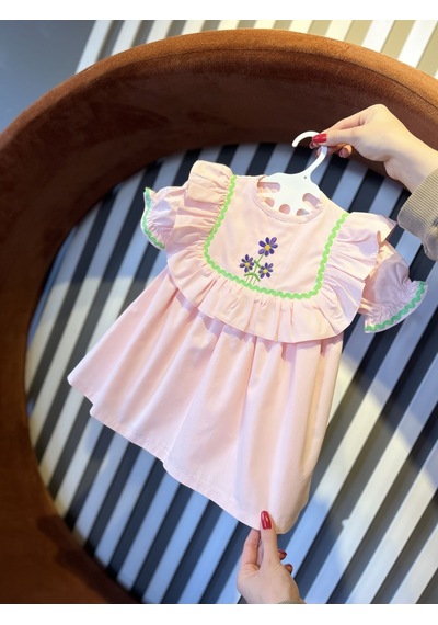 Toz Pembe Nakış Ve Su Taşı Detaylı Kız Çocuk Bebek Cici Elbise Çok Renkli