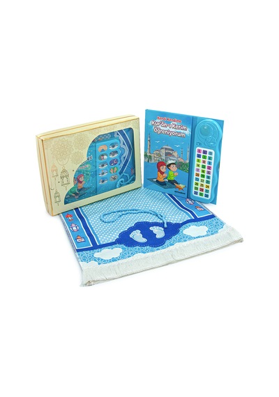 Namaz Öğreten Sesli Cihazlı Kitap Tesbihli Oğlumun Çocuk Seccade Seti Mavi