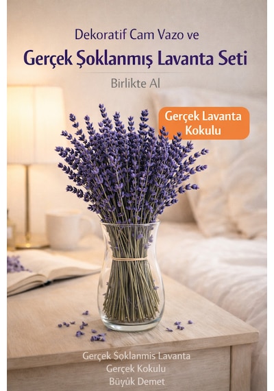 Gerçek Şoklanmış Lavanta Ve Cam Vazo Seti Gerçek Kokulu Dekoratif Lavanta Demeti