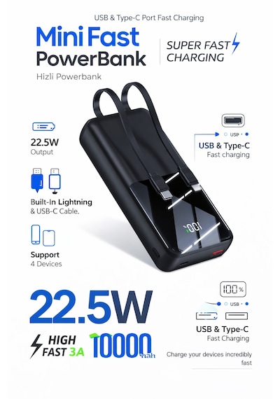 22.5w Hızlı Şarj Mini Powerbank 10000mah Dahili Lightning & Type-c Kablolu Taşınabilir Şarj Cihazı, Dijital Göstergeli, Kompakt Premium Tasarım Gri - Siyah 22.5w Hızlı Şarj Mini Powerbank 10000mah Dahili Lightning & Type-c Kablolu Taşınabilir Şarj Cihazı, Dijital Göstergeli, Kompakt Premium Tasarım Gri - Siyah