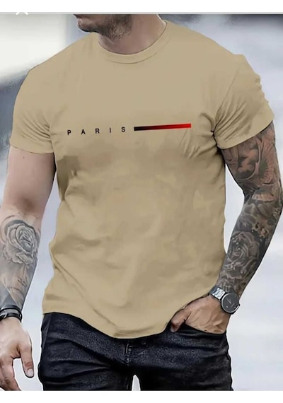 Kozia Outdoors Malkoçbey Kısa Çizgi Paris Baskılı Oversize Unisex Basic T-shirt Bej
