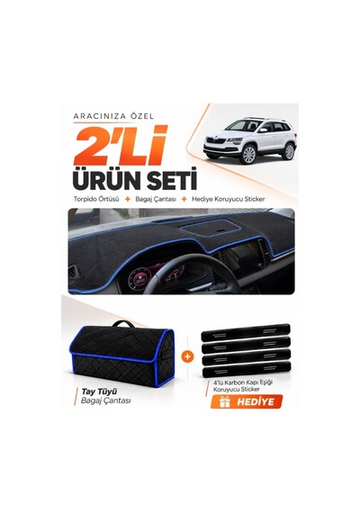 Skoda Karoq 2017-2024 Uyumlu Torpido Örtüsü + Tay Tüyü Bagaj Çantası + Sticker Seti - Siyah Mavi