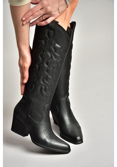Fox Shoes T296815009 Siyah Kovboy Model Kadın Çizme Siyah-Suni Deri