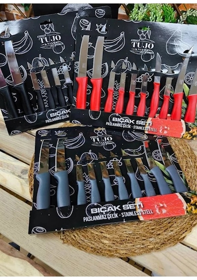 10 Lu Lazer Kesim Tırtıklı Bıçak Seti, 2 Adet Ekmek Bıçağı, 2 Adet Sebze Bıçağı, 6 Adet Meyve Bıçağı Siyah