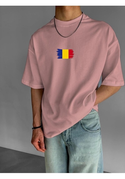 Romanya Bayrağı Baskılı Oversize Tişört Pembe